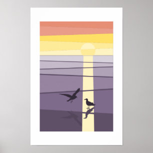 Lila Orange Seevögel an der Küste Vektor Kunst Poster