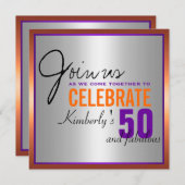 Lila + Orange + Silber - 50. Geburtstag Einladung (Vorne/Hinten)
