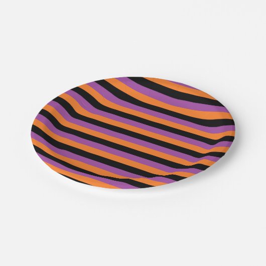 Lila, orange und schwarze Streifen Pappteller (Schrägansicht)
