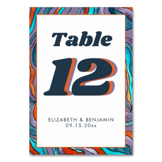 Lila Orange Wavy Moderne Retro Groovy Hochzeit Tischnummer (Rückseite)