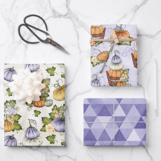 LILA ORANGE WHITE FALL PUMPKINS GESCHENKPAPIER SET (Vorderseite)