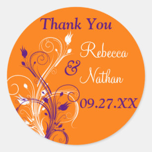 Lila Orange White Floral 1,5" Hochzeitsaufkleber 4 Runder Aufkleber