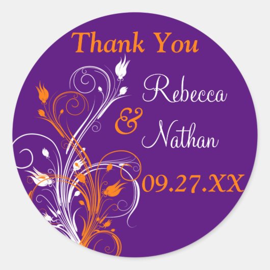 Lila Orange White Floral 1,5" Hochzeitsaufkleber 5 Runder Aufkleber (Vorderseite)