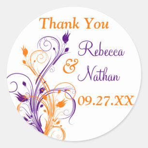 Lila Orange White Floral 1,5" Hochzeitsaufkleber 6 Runder Aufkleber