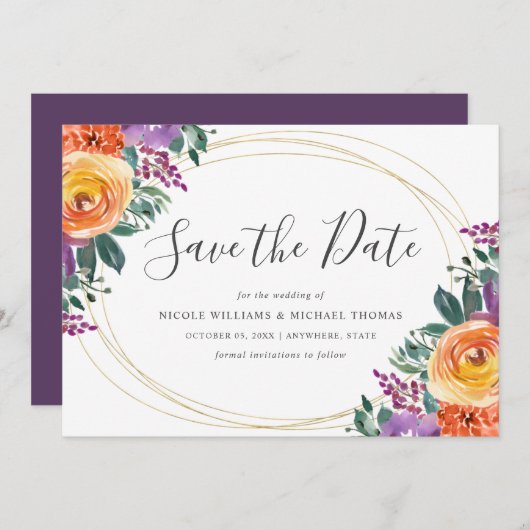 Lila Orangefarbene Blüte Save The Date (Vorne/Hinten)