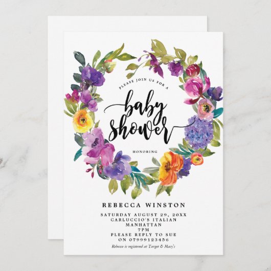 lila orangefarbene Blütendusche einladen Einladung (Vorne/Hinten)