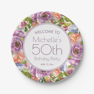 Lila Orangefarbene Flora 50. Geburtstag Pappteller