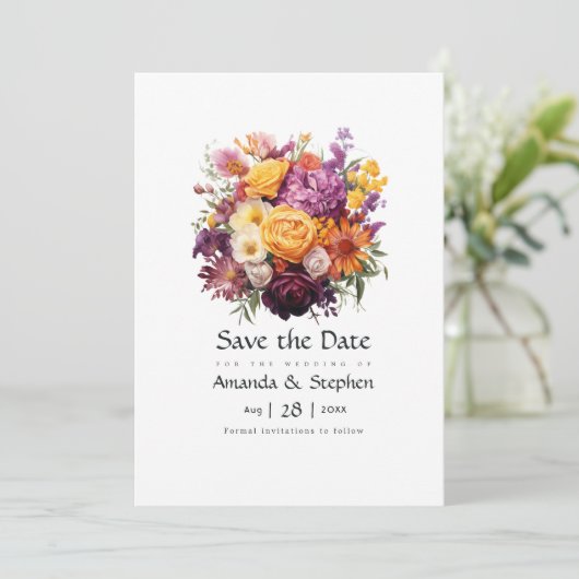 Lila, orangefarbene und gelbe Blumenhochzeit Save The Date (Stehend Vorderseite)