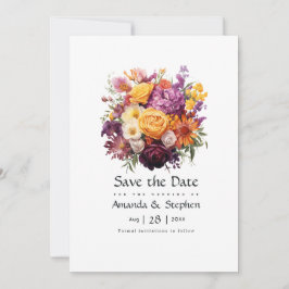 Lila, orangefarbene und gelbe Blumenhochzeit Save The Date