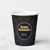 Lila orangefarbenes Halloween-Spinnennetz Pappbecher (Vorderseite)