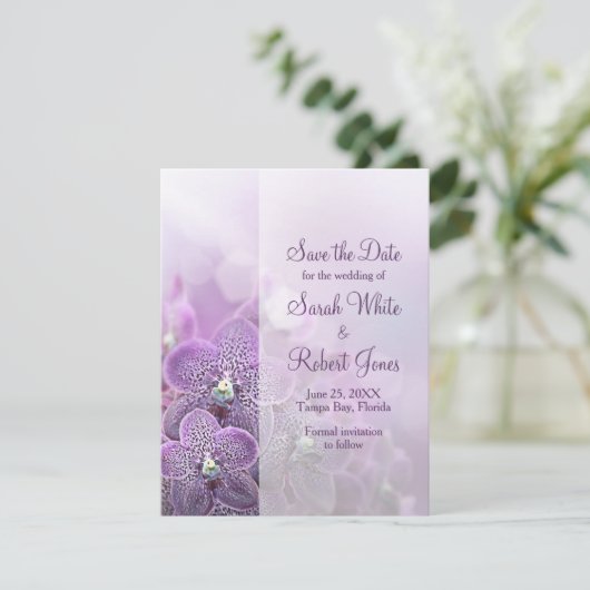Lila Orchid-Blume Hochzeit speichern Sie das Datum Save The Date (Stehend Vorderseite)