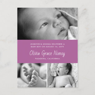 Lila Orchid Geburtshinweis Baby-Foto Ankündigungspostkarte