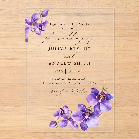 Lila Orchid-Hochzeit Acryleinladungen (Vorderseite)
