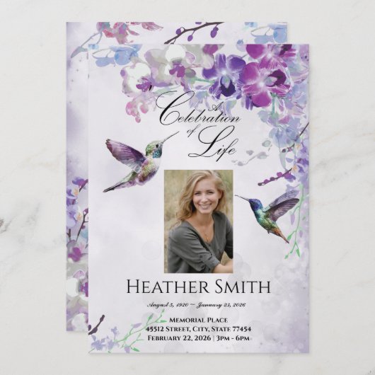 Lila Orchid Hummingbird Feier des Lebens Einladung (Vorne/Hinten)
