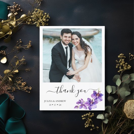 Lila Orchid in White Script Hochzeit Dankeskarte