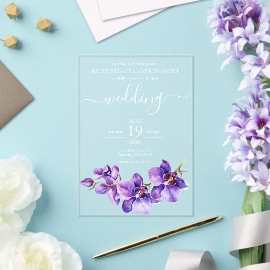 Lila Orchid-Script-Hochzeit Acryleinladungen (In Situ (Hochzeit))