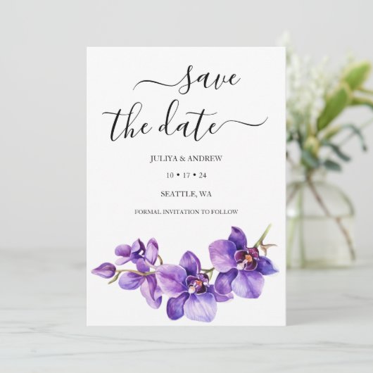 Lila Orchid-White-Script Save The Date (Stehend Vorderseite)