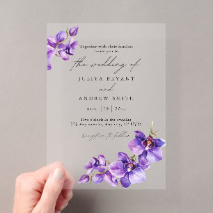 Lila Orchidee in weißer Schrift Hochzeit Acryleinladungen