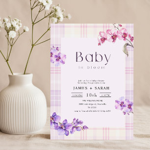Lila Orchidee Vintage Gingham Blüten Baby Shower Einladung