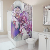 Lila Orchideen-Blume auf einem Holzgeländer Duschvorhang (Beispiel)