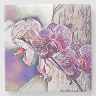 Lila Orchideen-Blume auf einem Holzgeländer Steinuntersetzer