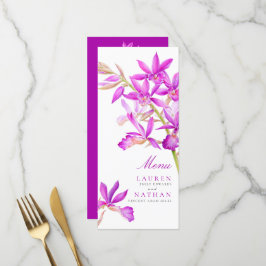 Lila Orchideen-Blume Hochzeit in Aquarellen Menükarte