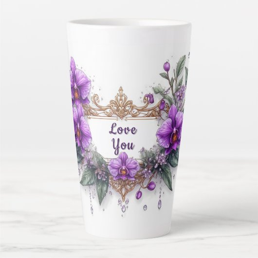 Lila Orchideen-Blumenrahmen Milchtasse (Vorderseite)