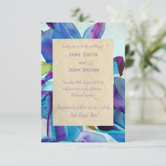 Lila Orchideen Hochzeit Aquarellkunst rustikal Einladung (Stehend Vorderseite)