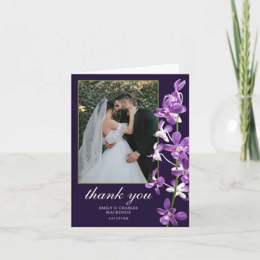Lila Orchideen, Moderne Hochzeit Dankeskarte (Vorderseite)