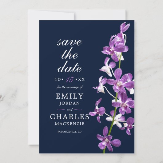 Lila Orchideen, Moderne Hochzeit Save The Date (Vorderseite)