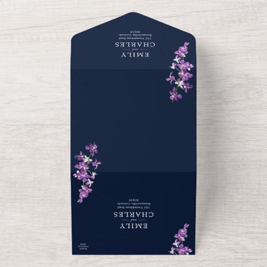 Lila Orchideen, moderne Hochzeiten All In One Einladung (Außenbereich)