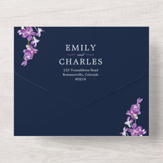 Lila Orchideen, moderne Hochzeiten All In One Einladung (Rückseite)