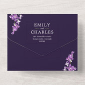 Lila Orchideen, moderne Hochzeiten All In One Einladung (Rückseite)