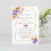 Lila Orchideen Pampas Grass Gold Rahmen Sweet 16 Einladung (Stehend Vorderseite)