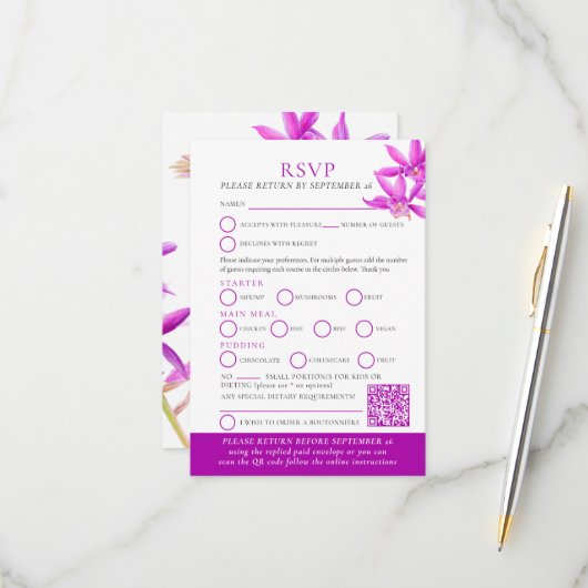 Lila Orchideenhochzeit RSVP QR-Code Karte (Vorderseite/Rückseite Beispiel)