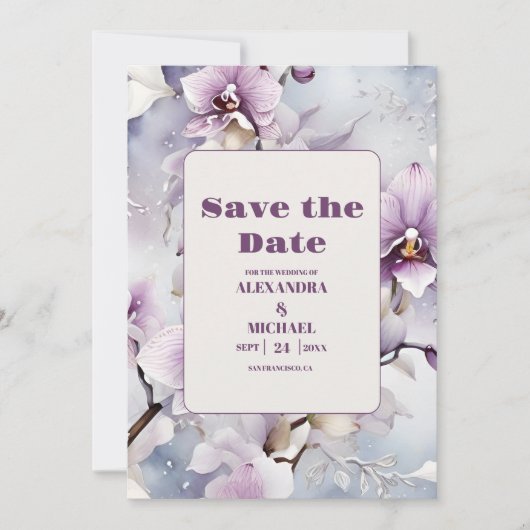 Lila Orchideenhochzeit Save The Date (Vorderseite)