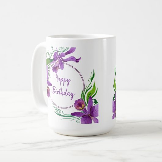 Lila Orchids glücklich Geburtstag Kaffeetasse (Vorderseite Links)