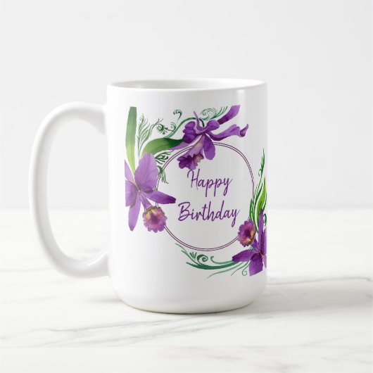 Lila Orchids glücklich Geburtstag Kaffeetasse (Links)