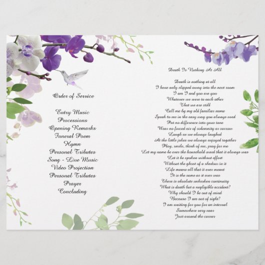 Lila Orchids Hummingbird Beerdigung Programm Flyer (Hinten)