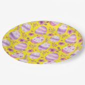 Lila Ostereier und Blume Muster gelb Pappteller (Schrägansicht)