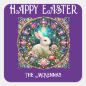 Lila Ostern Bunny Art Nouveau Festes Glas Quadratischer Aufkleber (Vorderseite)