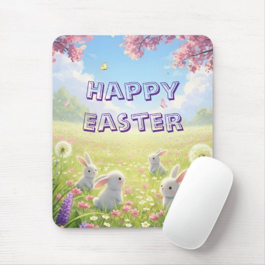 Lila Ostern Süße Weiße Hase Blumen Frühling  Mousepad (Mit Mouse)