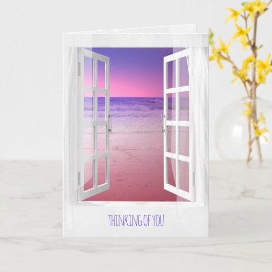 lila Ozeansonnenaufgang aus offenem Fenster Karte (Gelbe Blume)