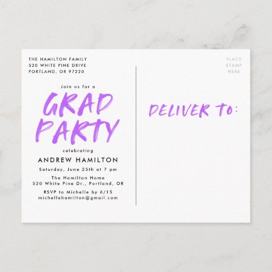 Lila Paint Spritzer Foto Graduation Party Einladungspostkarte (Rückseite)