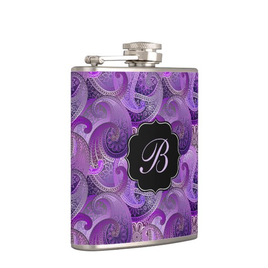 Lila Paisley Damask Muster mit Monogramm Flachmann (Rechts)