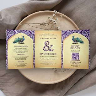 Lila Paisley Indischer Pfau QR Code Hochzeit Dreifach Gefaltete Einladung