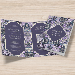 Lila Paisley-Muster QR-Code Indische Hochzeit Einladung