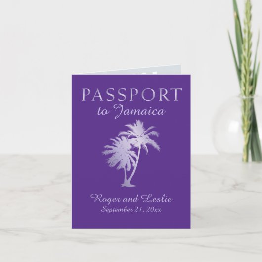 Lila Palm-Imitate Foil Jamaica Wedding Passport Einladung (Vorderseite)