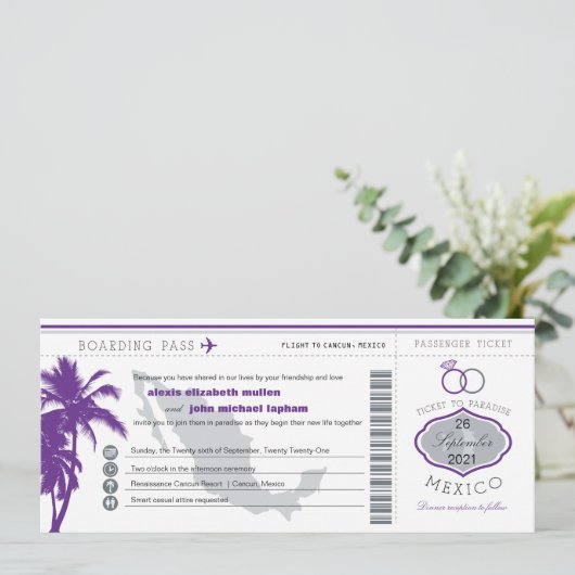 Lila Palme-Mexiko-Boarding-Durchlauf-Hochzeit Einladung (Stehend Vorderseite)