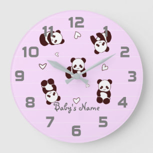 Lila Panda Herz-Kinderzimmer Decke Wand-Uhr Große Wanduhr